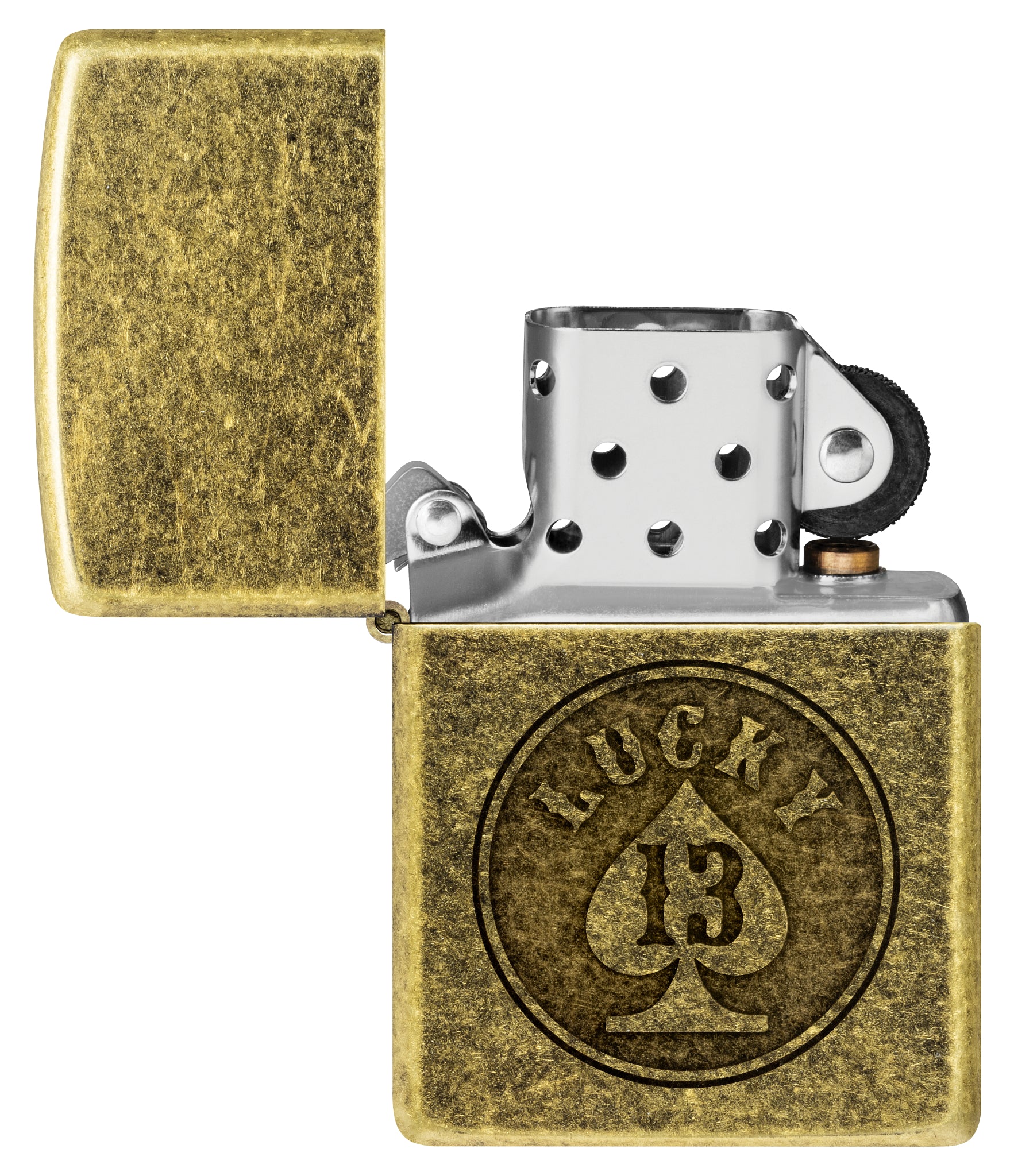 Zippo Lucky 13 Design Antique Brass Windproof Lighter with its lid open and unlit.