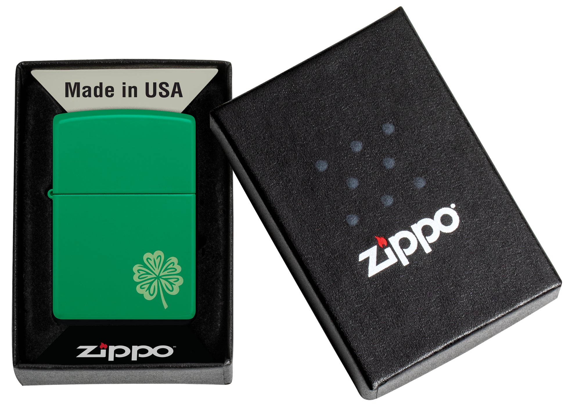 Zippo Lucky Clover Design Grass Green Matte Windproof Lighter in its packaging.