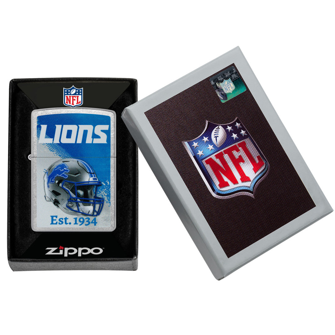 Zippo NFL Detroit Lions Helmet Design Street Chrome Windproof Lighter in its packaging.