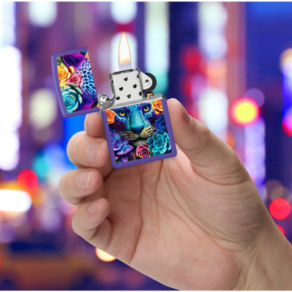Zippo Groovy Leopard Design Purple Matte Windproof Lighter lit in hand.