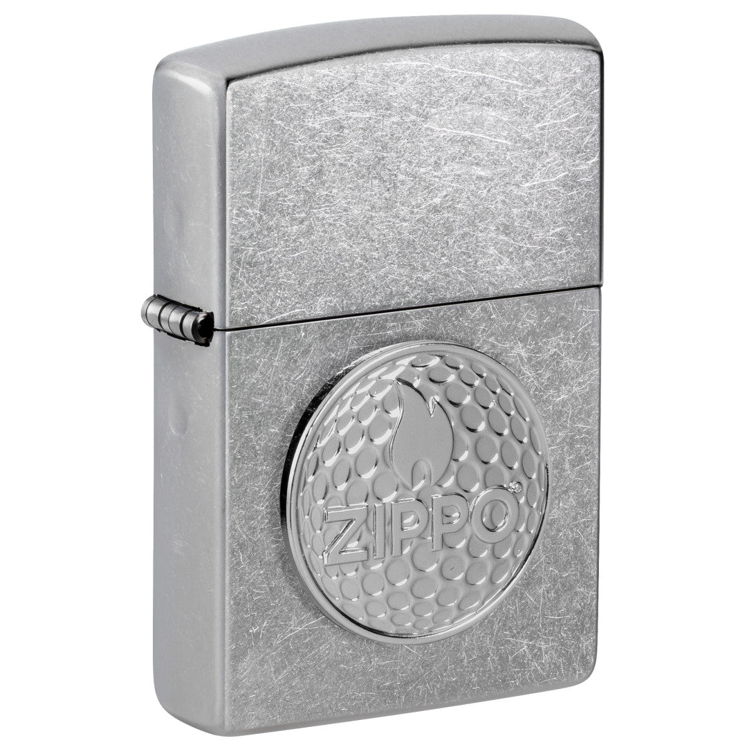 Front shot of Zippo Golf Ball Marker Emblem – Zippo Design Street Chrome Windproof Lighter standing at a 3/4 angle.