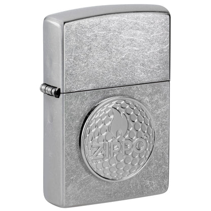 Front shot of Zippo Golf Ball Marker Emblem – Zippo Design Street Chrome Windproof Lighter standing at a 3/4 angle.