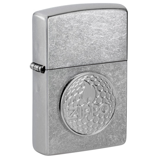 Front shot of Zippo Golf Ball Marker Emblem – Zippo Design Street Chrome Windproof Lighter standing at a 3/4 angle.