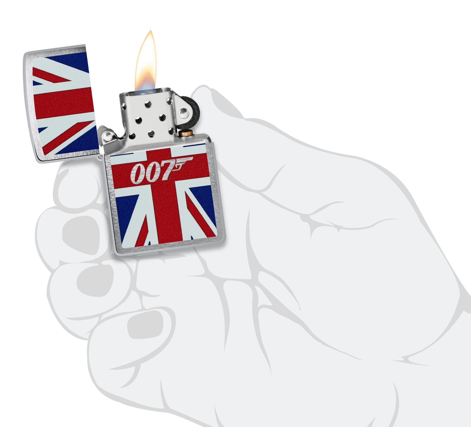 Zippo James Bond® Union Jack Brushed Chrome Windproof Lighter lit in hand.