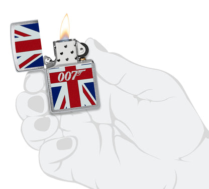 Zippo James Bond® Union Jack Brushed Chrome Windproof Lighter lit in hand.