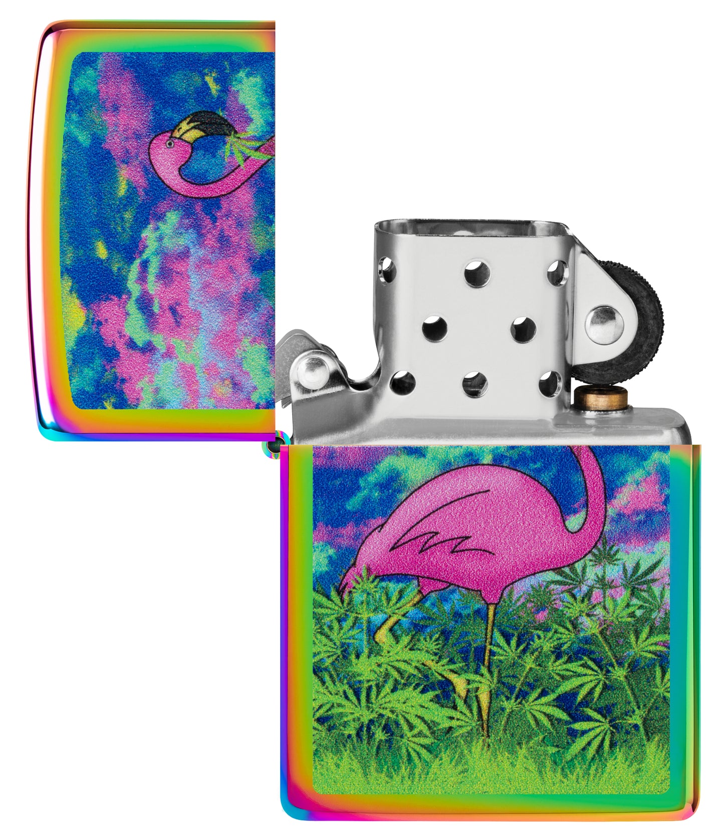 Zippo Flamingo Fields Design Multi Color Windproof Lighter with its lid open and unlit.