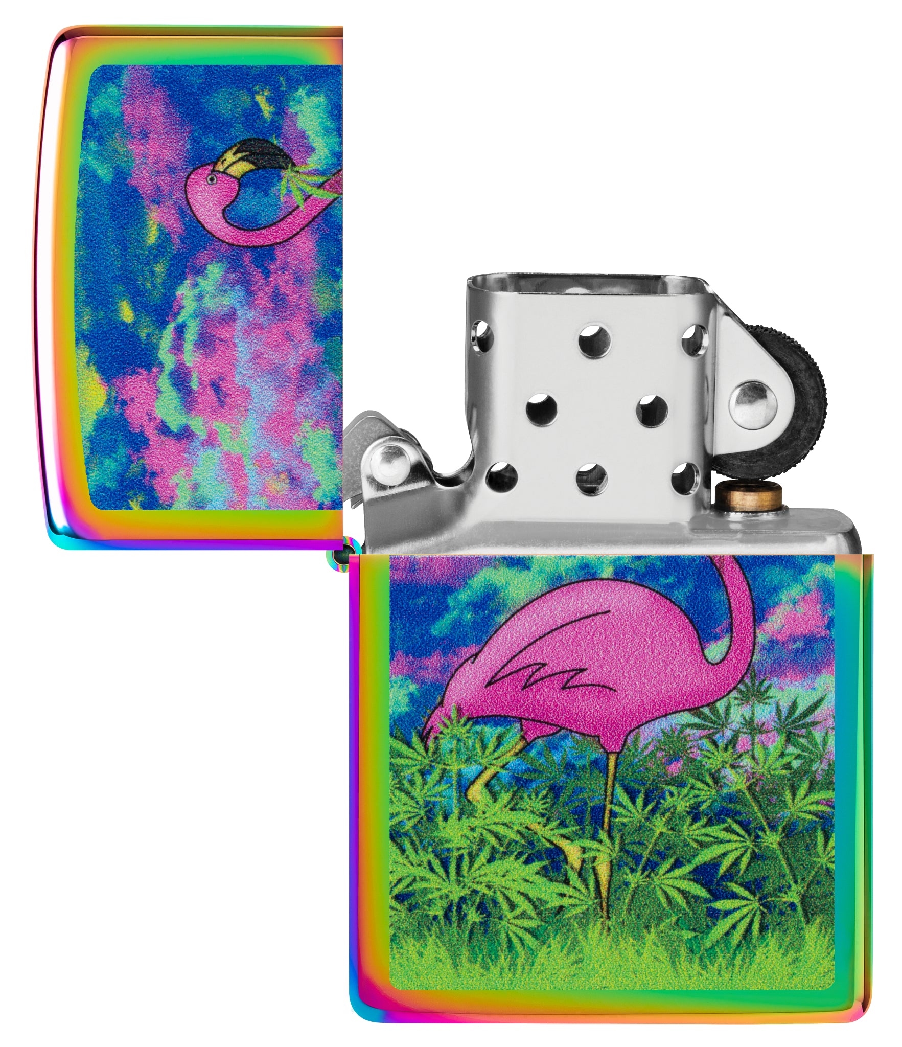 Zippo Flamingo Fields Design Multi Color Windproof Lighter with its lid open and unlit.