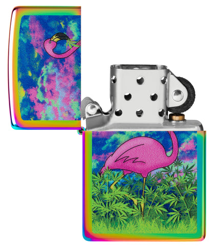 Zippo Flamingo Fields Design Multi Color Windproof Lighter with its lid open and unlit.