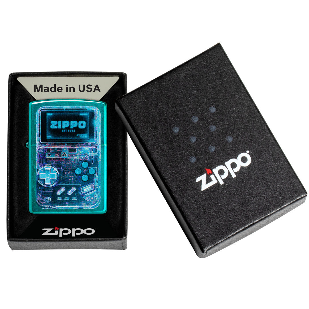 Zippo Game On Design Candy Teal Windproof Lighter in its packaging.