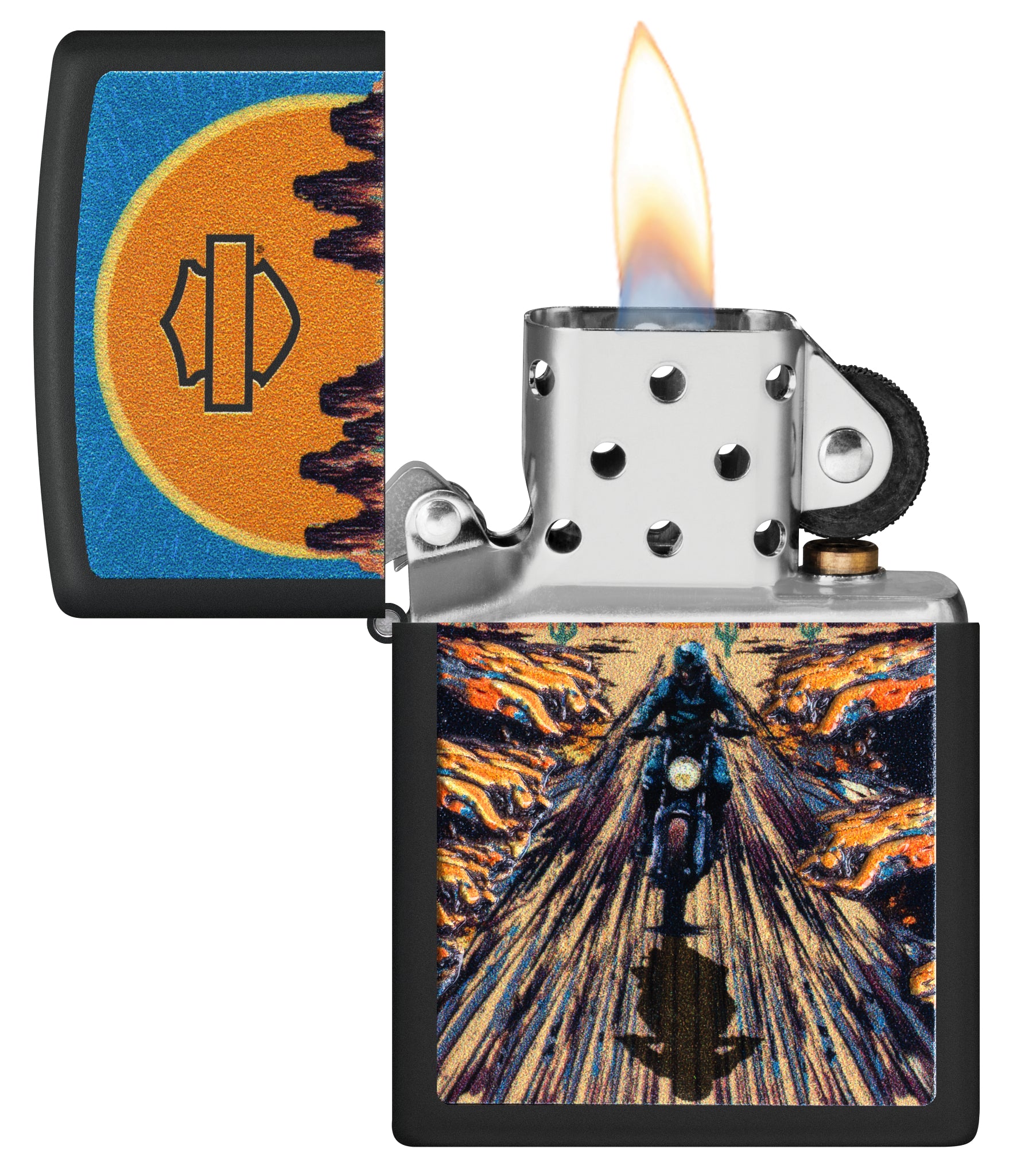 Zippo Harley-Davidson® Texture Print Design Black Matte Windproof Lighter with its lid open and lit.