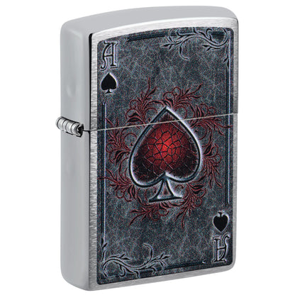 Front shot of Zippo Antiqued Ace Design Brushed Chrome Windproof Lighter standing at a 3/4 angle.