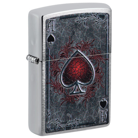 Front shot of Zippo Antiqued Ace Design Brushed Chrome Windproof Lighter standing at a 3/4 angle.