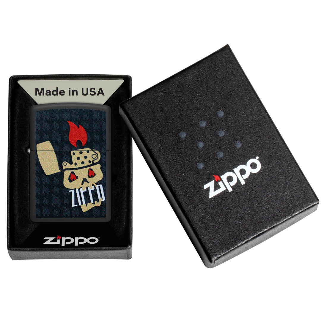 Zippo Skull and Flames Design Black Matte Windproof Lighter in its packaging.