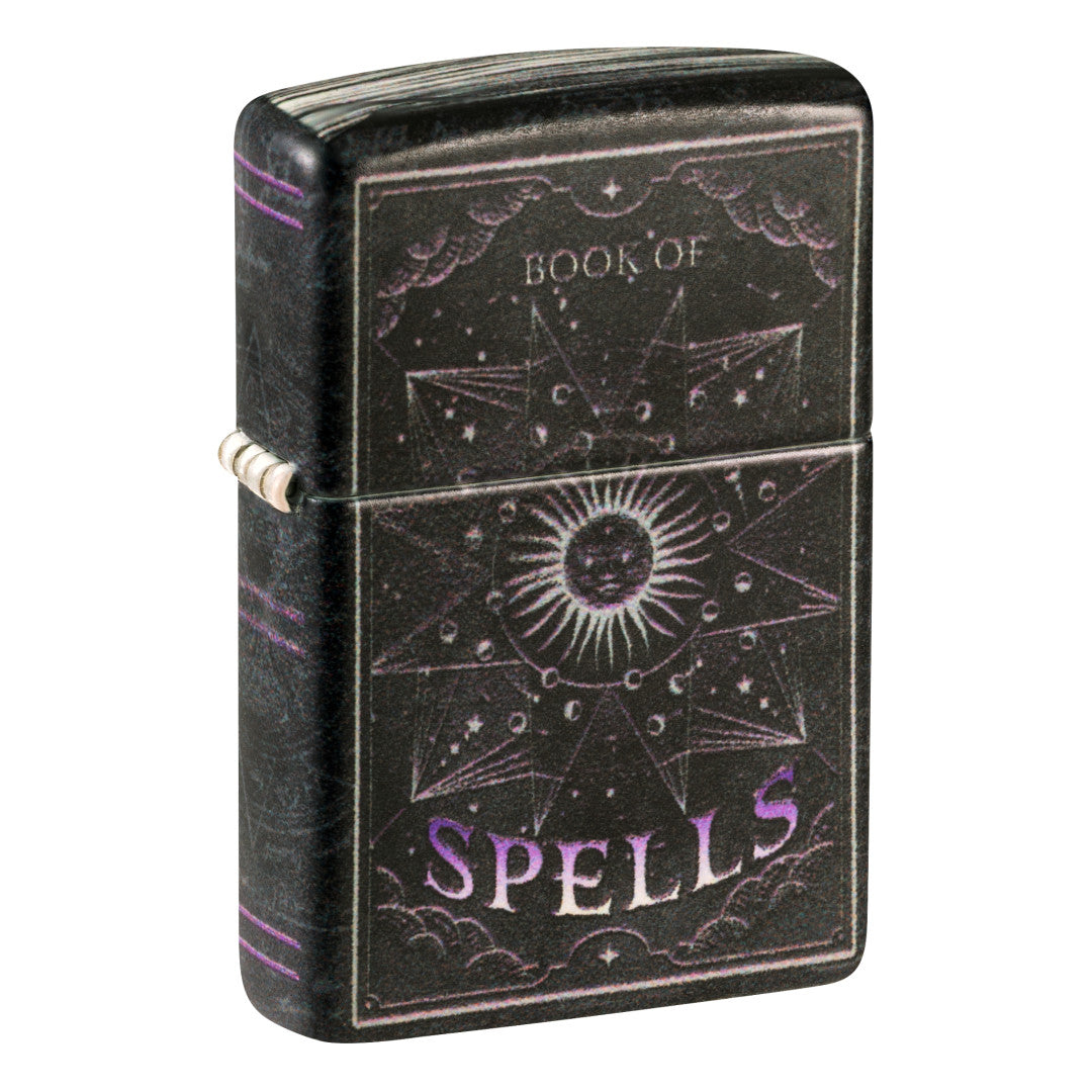 Front shot of Zippo Mystic Book Design 540 Color Glow in the Dark Windproof Lighter
 standing at a 3/4 angle.
