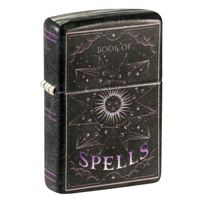 Front shot of Zippo Mystic Book Design 540 Color Glow in the Dark Windproof Lighter
 standing at a 3/4 angle.
