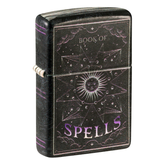 Front shot of Zippo Mystic Book Design 540 Color Glow in the Dark Windproof Lighter
 standing at a 3/4 angle.