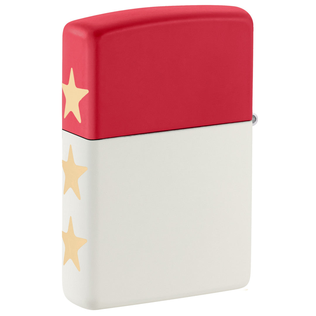 Back view of Zippo 250th Anniversary Collectible Red and White Matte Windproof Lighter standing at a 3/4 angle.