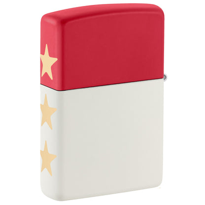 Back view of Zippo 250th Anniversary Collectible Red and White Matte Windproof Lighter standing at a 3/4 angle.