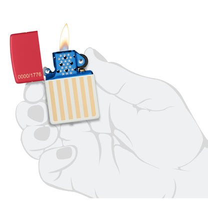 Zippo 250th Anniversary Collectible Red and White Matte Windproof Lighter lit in hand.
