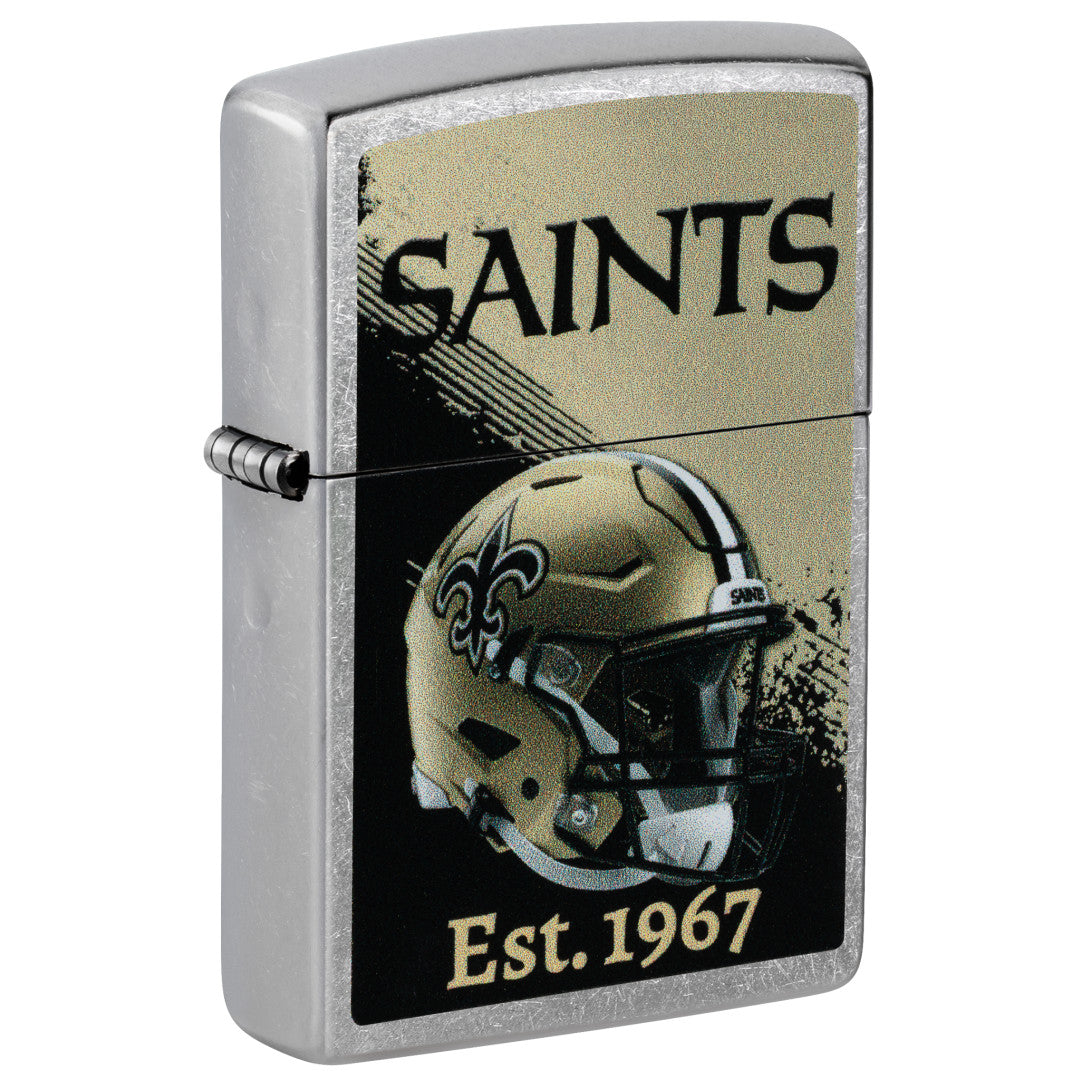 Front shot of Zippo NFL New Orleans Saints Helmet Design Street Chrome Windproof Lighter standing at a 3/4 angle.