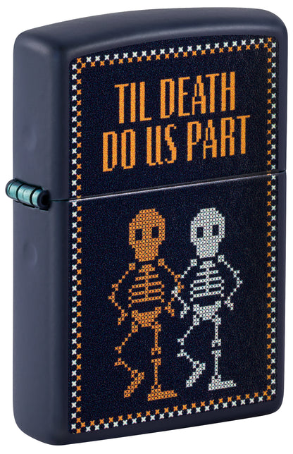 Front shot of Zippo Til Death Do Us Part Design Navy Matte Windproof Lighter standing at a 3/4 angle.