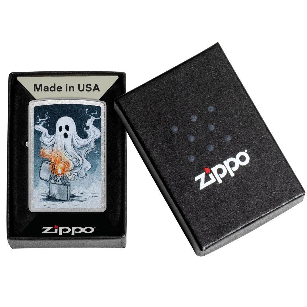 Zippo Spooky Spark Design Street Chrome Windproof Lighter in its packaging.