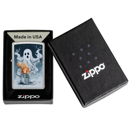 Zippo Spooky Spark Design Street Chrome Windproof Lighter in its packaging.