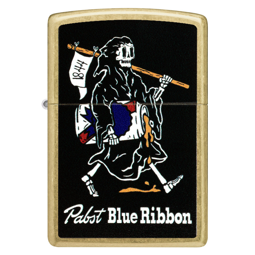 Front view of Zippo Pabst Blue Ribbon® Reaper Design Street Brass Windproof Lighter.