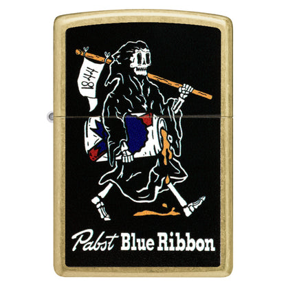 Front view of Zippo Pabst Blue Ribbon® Reaper Design Street Brass Windproof Lighter.