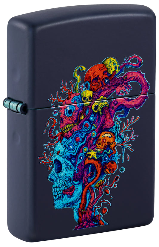 Front shot of Zippo Skull Reef Design Navy Matte Windproof Lighter standing at a 3/4 angle.