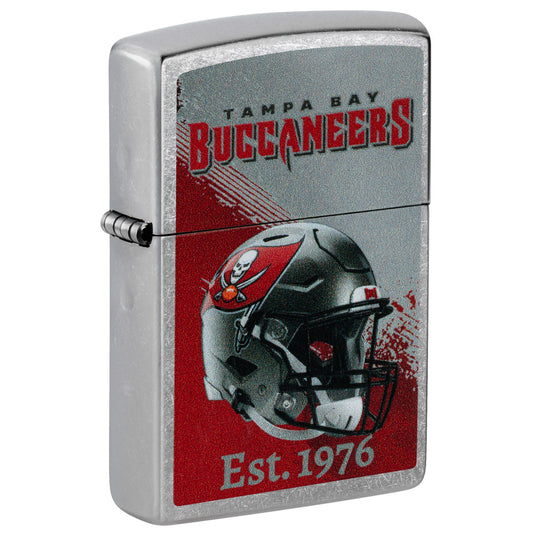 Front shot of Zippo NFL Tampa Bay Buccaneers Helmet Design Street Chrome Windproof Lighter standing at a 3/4 angle.
