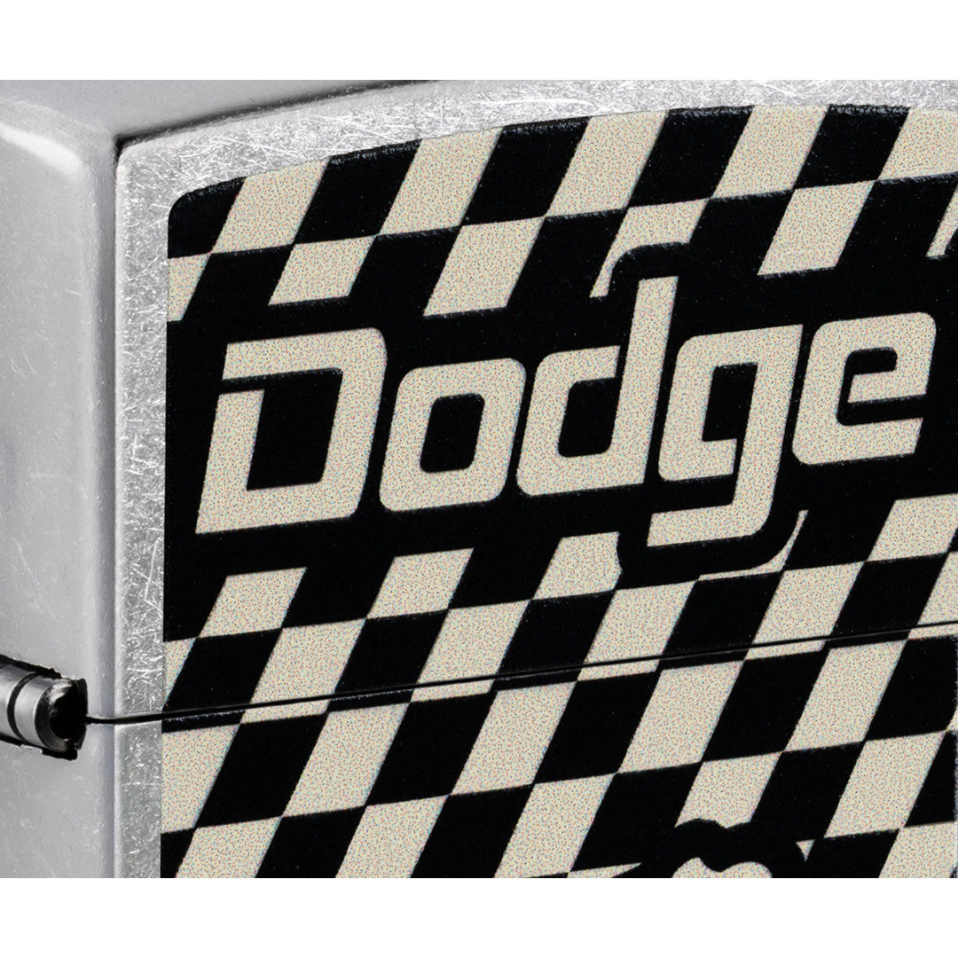 Front view of Zippo Dodge Dart Design Street Chrome Windproof Lighter close up to show the detail of the lighter.