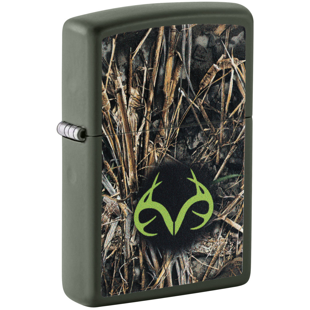 Front shot of Zippo Realtree® Brush Design Green Matte Windproof Lighter standing at a 3/4 angle.