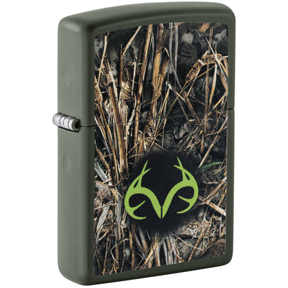 Front shot of Zippo Realtree® Brush Design Green Matte Windproof Lighter standing at a 3/4 angle.