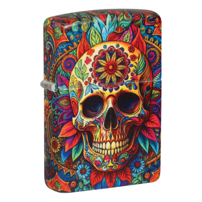 Front shot of Zippo Day of the Dead Skull Design 540 Matte Windproof Lighter standing at a 3/4 angle.