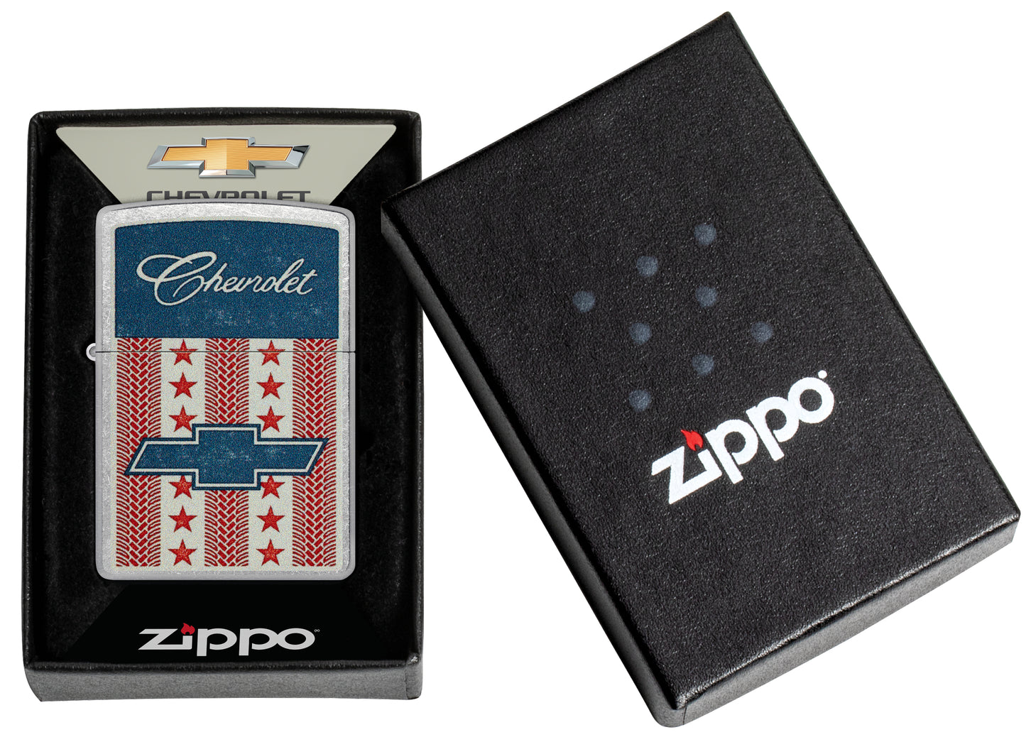 Zippo Chevrolet® Stars and Stripes Design Street Chrome Windproof Lighter in its packaging.
