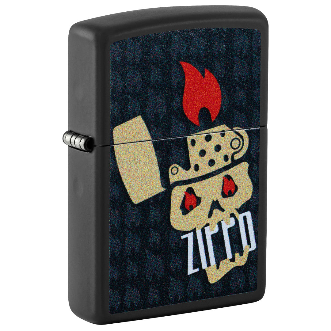 Front shot of Zippo Skull and Flames Design Black Matte Windproof Lighter standing at a 3/4 angle.