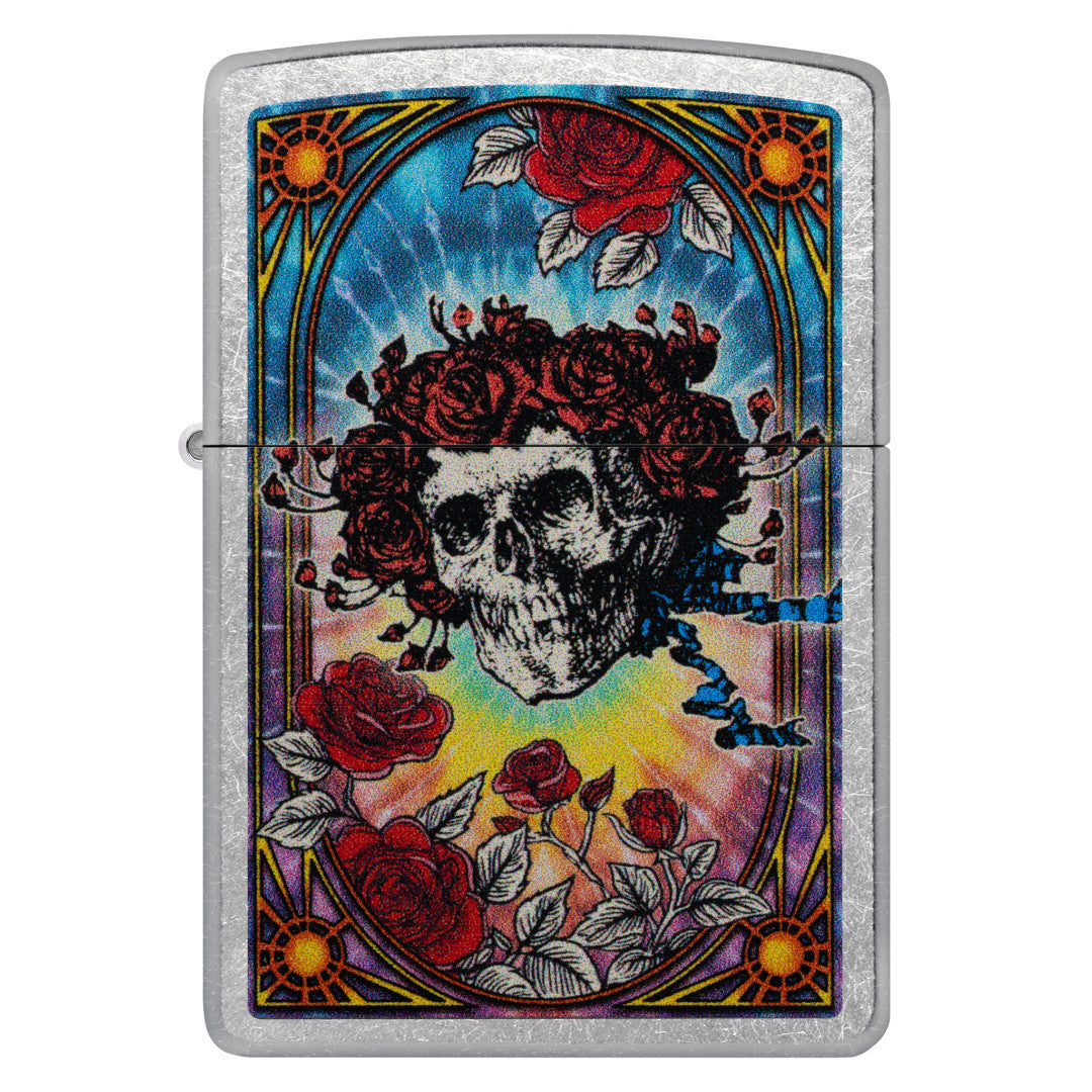 Front view of Zippo Grateful Dead Bertha Design Street Chrome Windproof Lighter.
