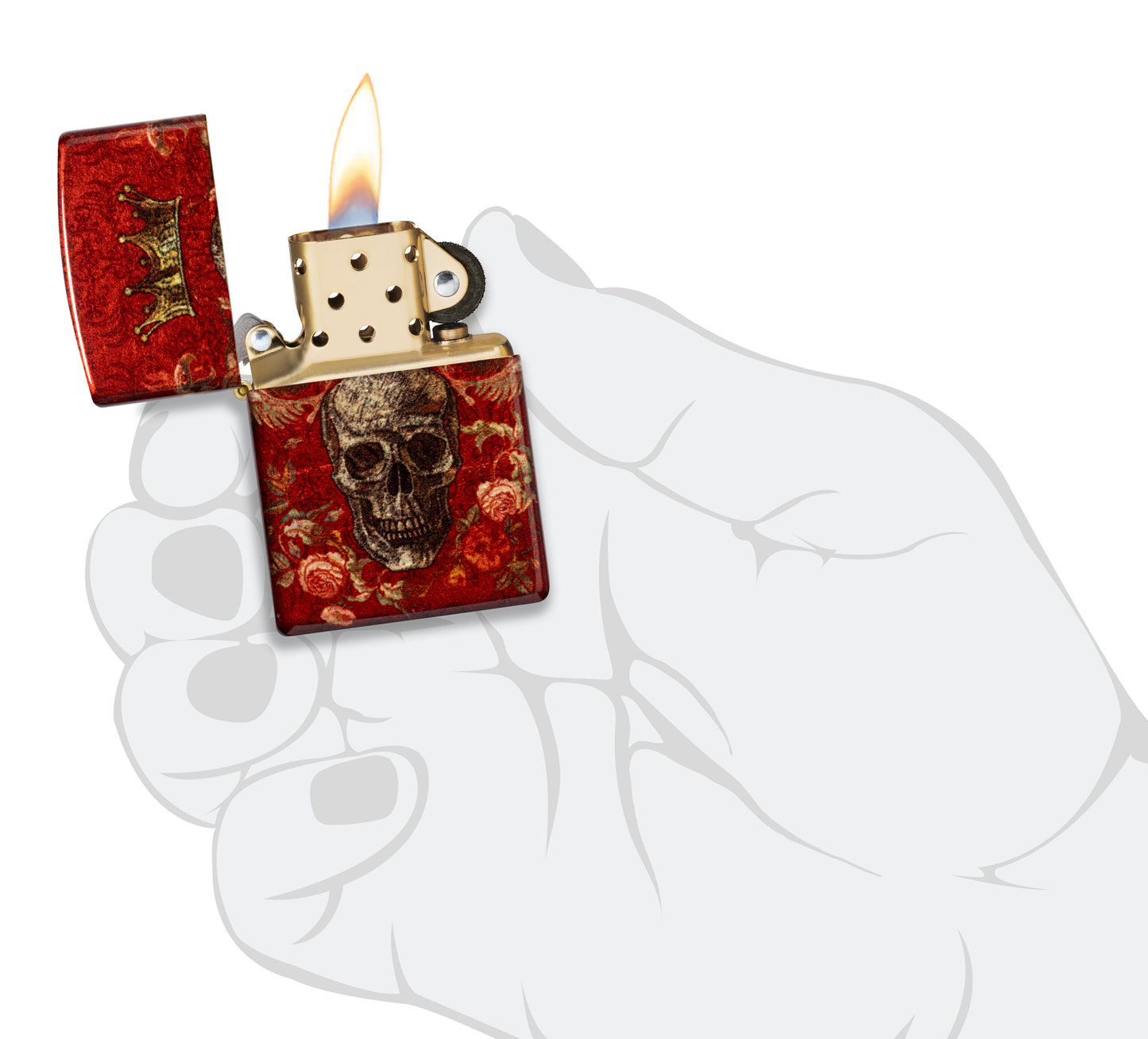 Zippo Skull Heraldry Design Tumbled Brass Windproof Lighter lit in hand.