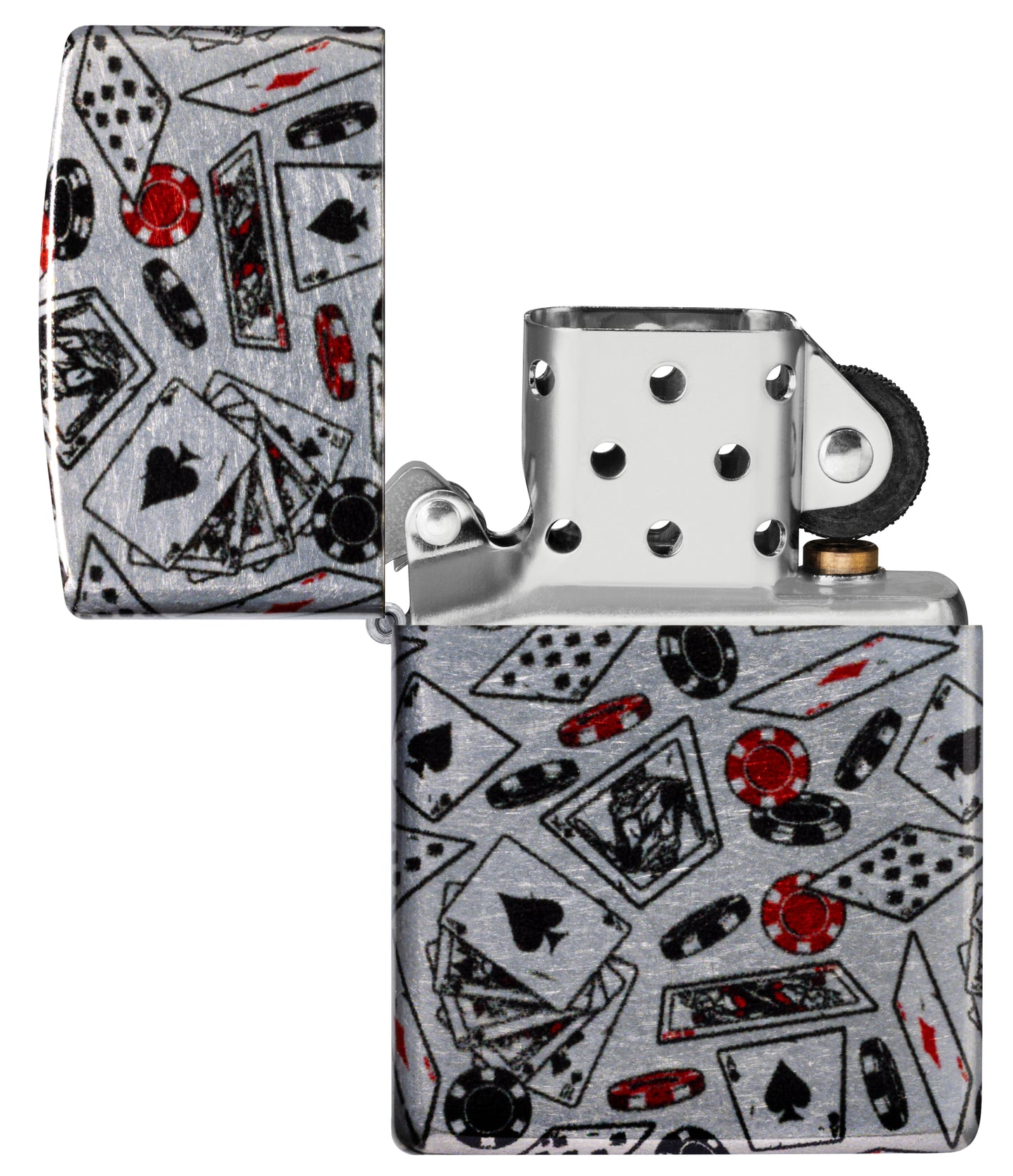 Zippo Let the Chips Fall Design 540 Tumbled Chrome Windproof Lighter with its lid open and unlit.