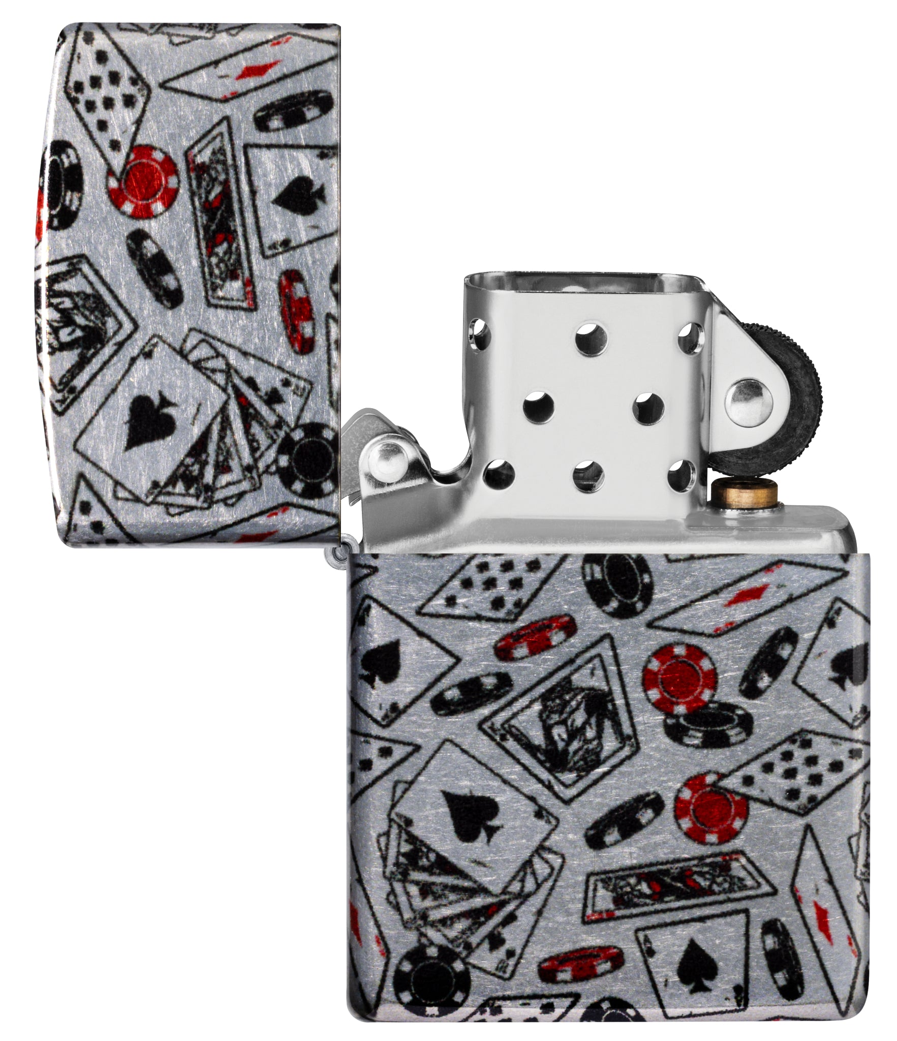 Zippo Let the Chips Fall Design 540 Tumbled Chrome Windproof Lighter with its lid open and unlit.