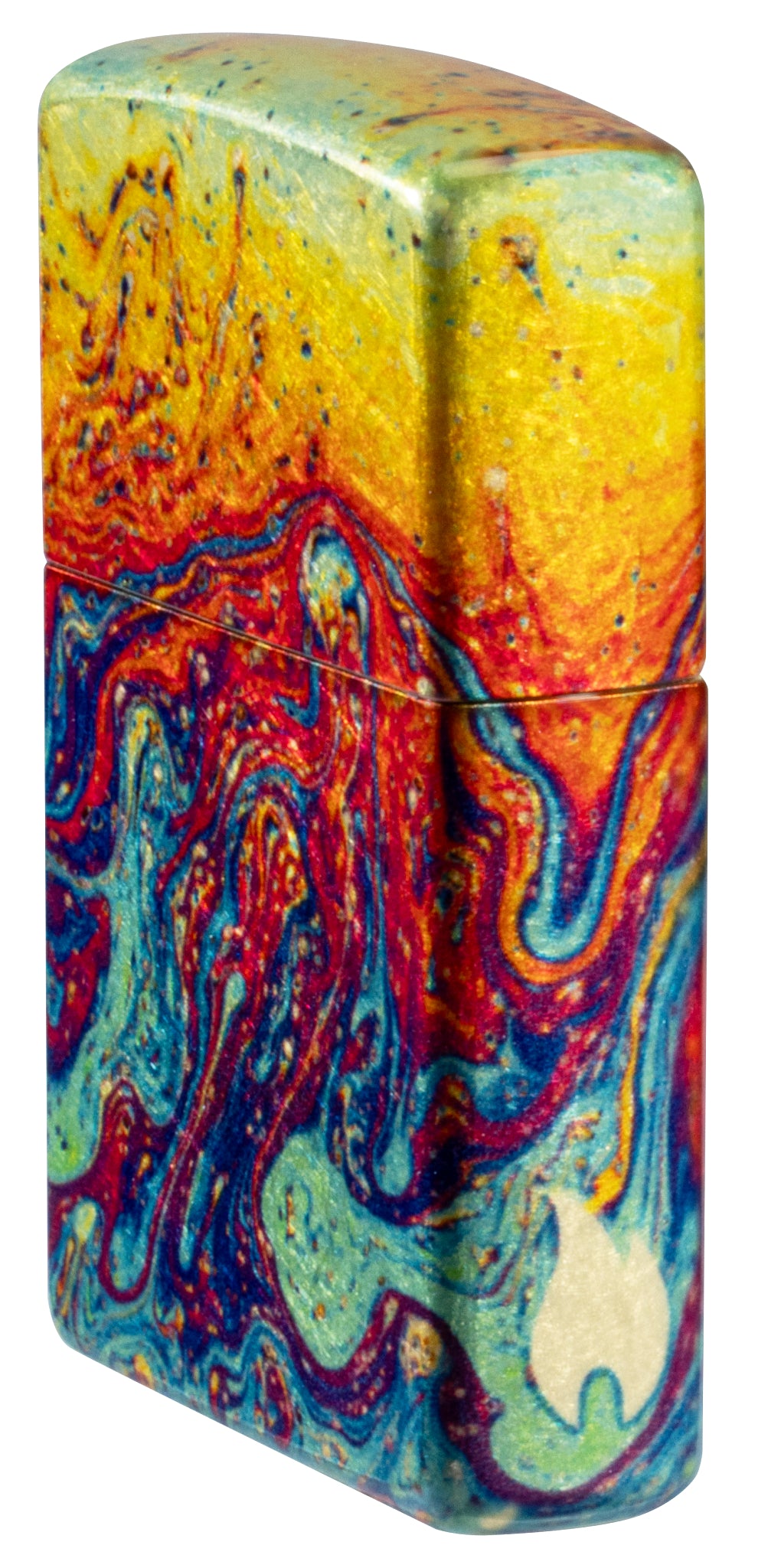 Angled shot of  Zippo Magma Fusion Design 540 Tumbled Brass Windproof Lighter showing the front and non-hinge side of the lighter.