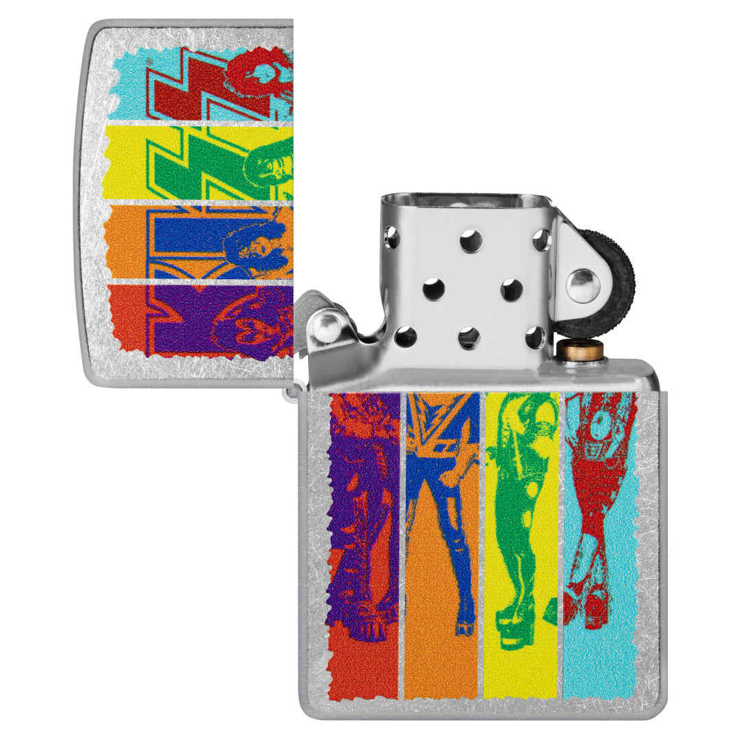 Zippo KISS® Fly Flag Design Street Chrome Windproof Lighter with its lid open and unlit.