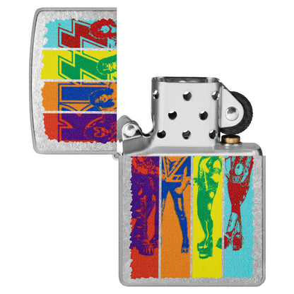 Zippo KISS® Fly Flag Design Street Chrome Windproof Lighter with its lid open and unlit.