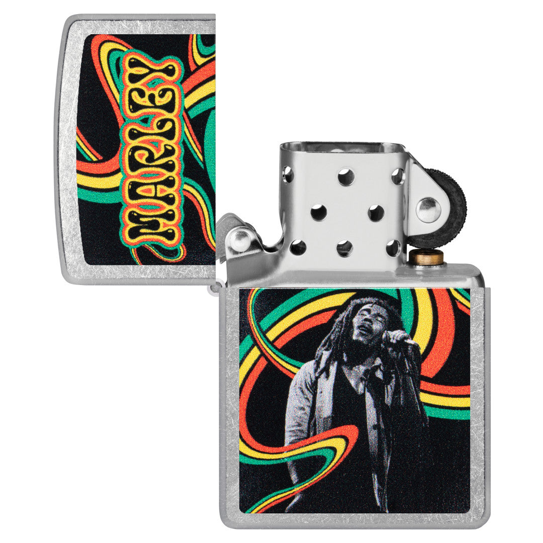 Zippo Bob Marley Waves Design Street Chrome Windproof Lighter with its lid open and unlit.
