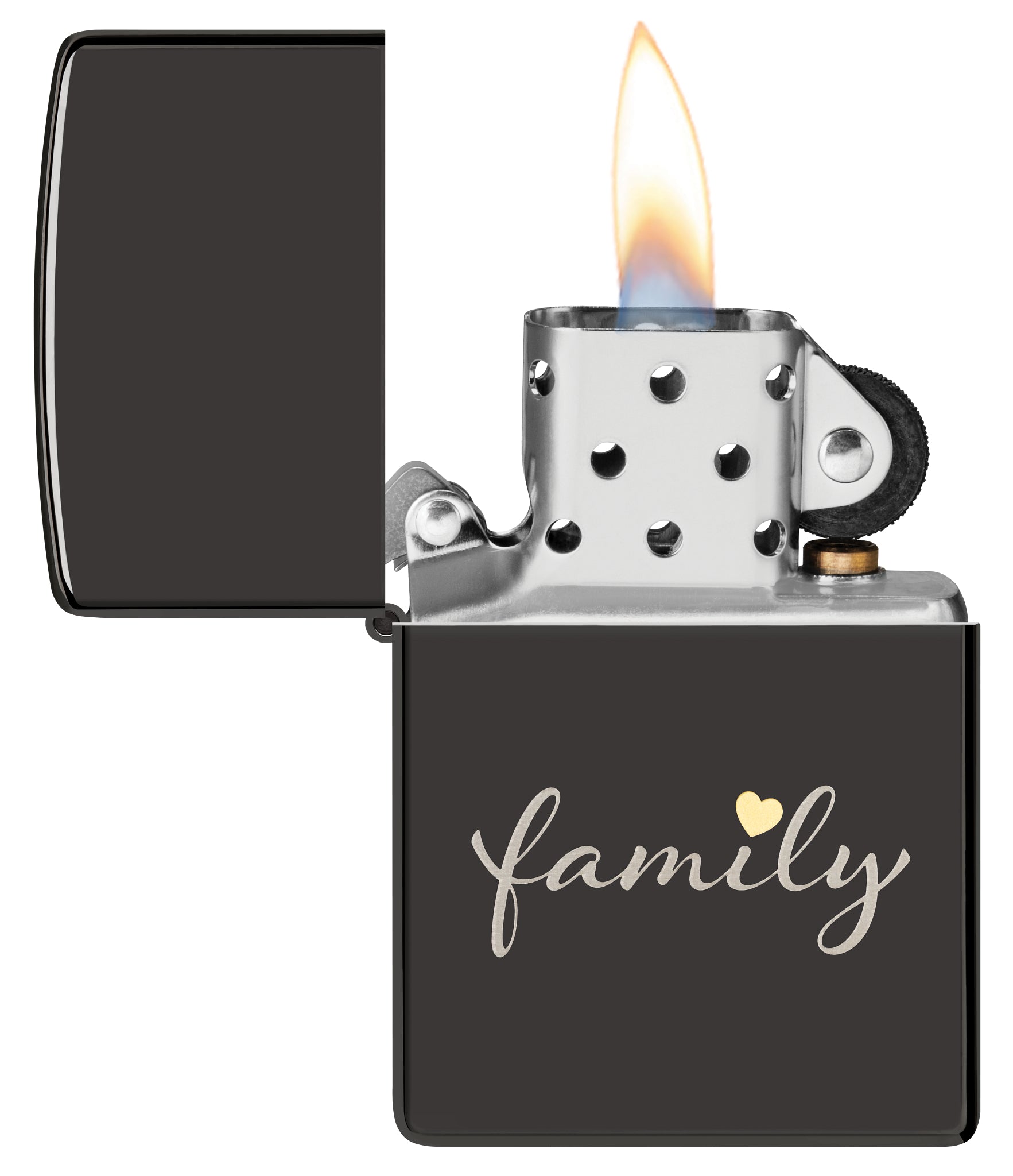 Zippo Family Design High Polish Black Windproof Lighter with its lid open and lit.
