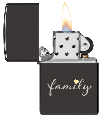 Zippo Family Design High Polish Black Windproof Lighter with its lid open and lit.