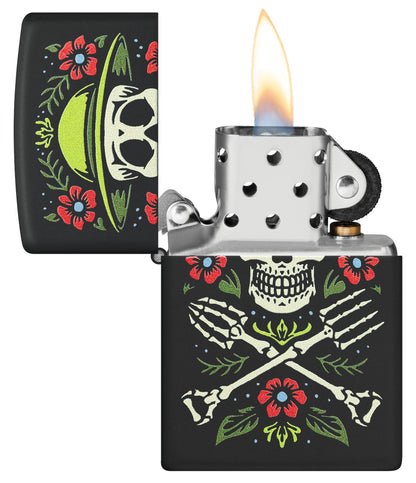 Zippo Garden for Life Design Black Matte Windproof Lighter with its lid open and lit.
