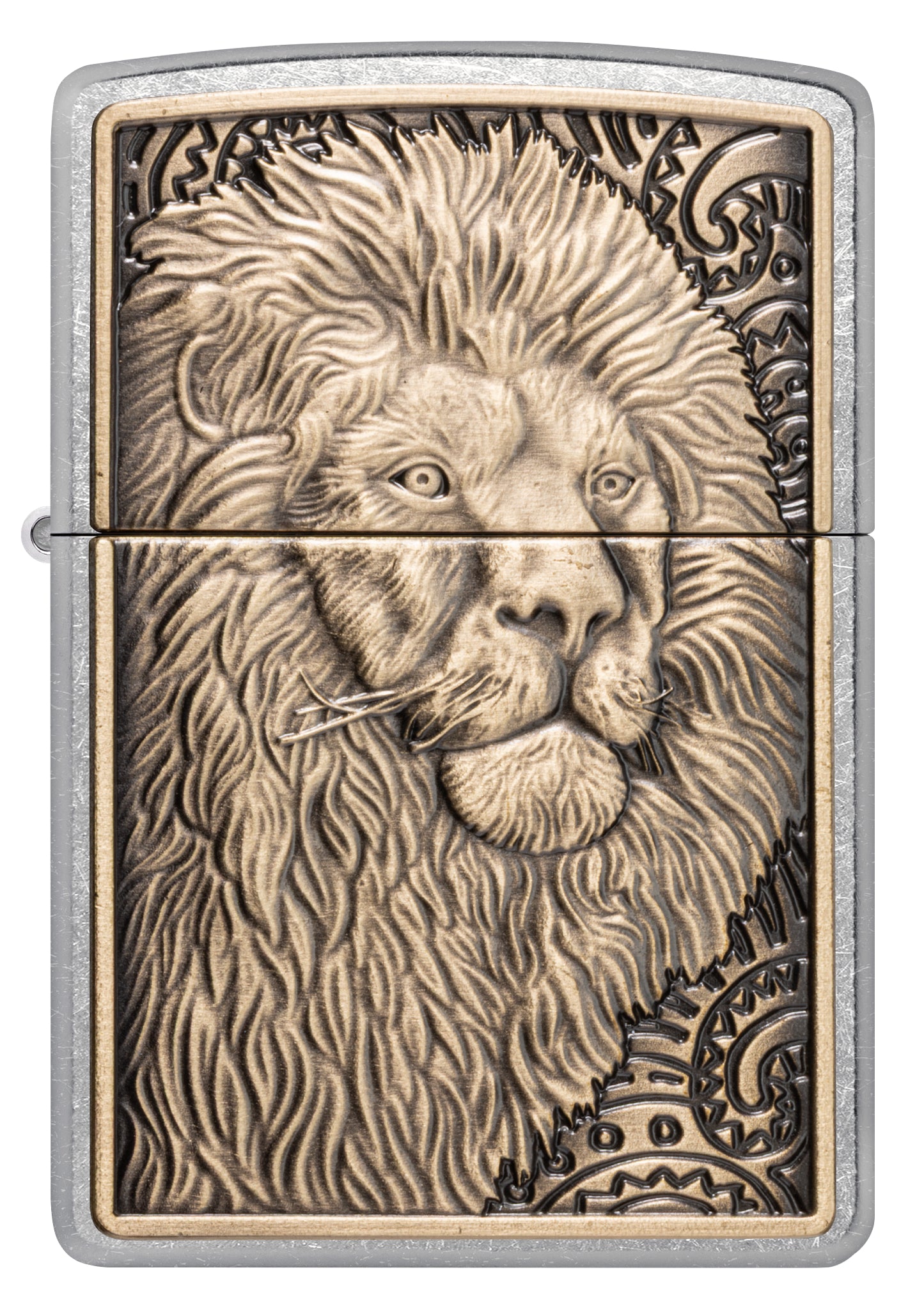 Front view of Zippo Lion Emblem Street Chrome Windproof Lighter.
