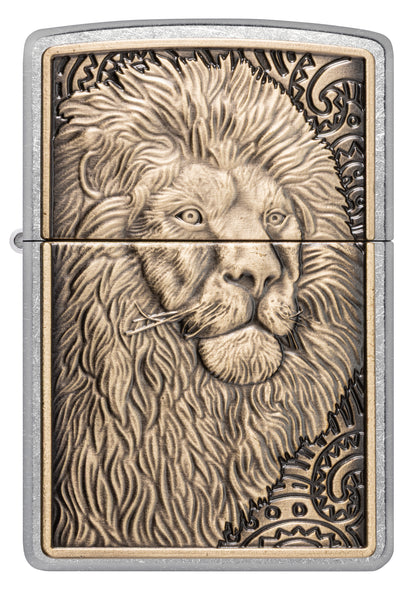 Front view of Zippo Lion Emblem Street Chrome Windproof Lighter.
